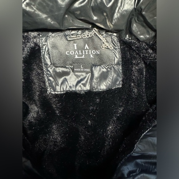 LA Coalition black puff jacket womens L long hood FAUX Fur Collar Winter Coat - Picture 2 of 10